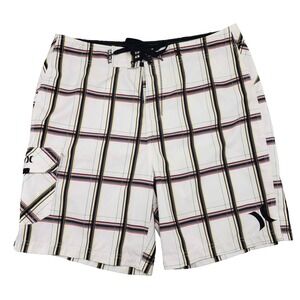 Hurley Board Shorts Mens 34 White Plaid 2009 Y2K Surf Swim Cargo Trunks